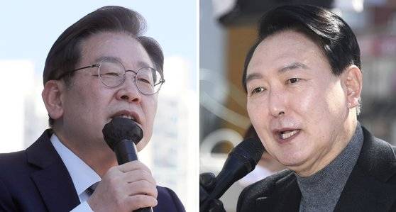 제20대 대통령이 9일 선출된다. 지난 6일 이재명 더불어민주당 대선 후보와 윤석열 국민의힘 대선 후보가 서울 성북구 성북천 분수광장과 경기도 의정부시 행복로에서 각각 대선 전 마지막 주말 유세를 펼쳤다. [뉴시스]