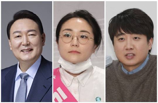 (왼쪽부터) 윤석열 대통령 당선인, 신지예씨, 이준석 국민의힘 대표. <국민의힘 선대위 제공, 연합뉴스>