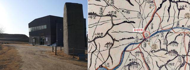 호로고루성 입구의 홍보관과 광개토왕비 복제품. 대동여지도상으로는 술탄(戌灘)으로 표기된 곳이다