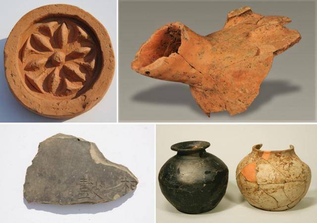 호로고루성에서 발굴된 연화문 고구려 와당(왼쪽 윗줄에서 시계방향으로), 호자(虎子)편, 흑색마연 짧은 목 항아리와 회갈색 곧은 목 항아리, 고구려 상고(相鼓) 악기편. 토지박물관 제공