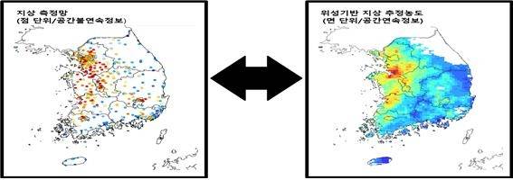 미세먼지의 지상 관측 사진(왼쪽)과 위성기반 지상 추정농도 사진 [국립환경과학원 제공. 재판매 및 DB 금지]