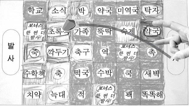 네모 칸에 단어를 쓰고 공깃돌에 맞는 단어를바르게 읽으면 땅을 차지하는 땅따먹기 놀이도 흥미로울 수 있다. 윤이남 대전 가오초 교사 제공·게티이미지코리아