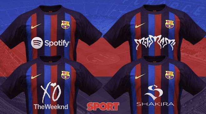 스페인 프로축구 FC바르셀로나 유니폼 전면에 위켄드, 샤키라 등이 새겨진 합성사진. 스포르트는 바르셀로나와 스포티파이 계약을 통해 유니폼에 월드클래스 아티스트들의 이름이 새겨질 가능성을 제기하며 BTS를 언급했다. [사진 스포르트]