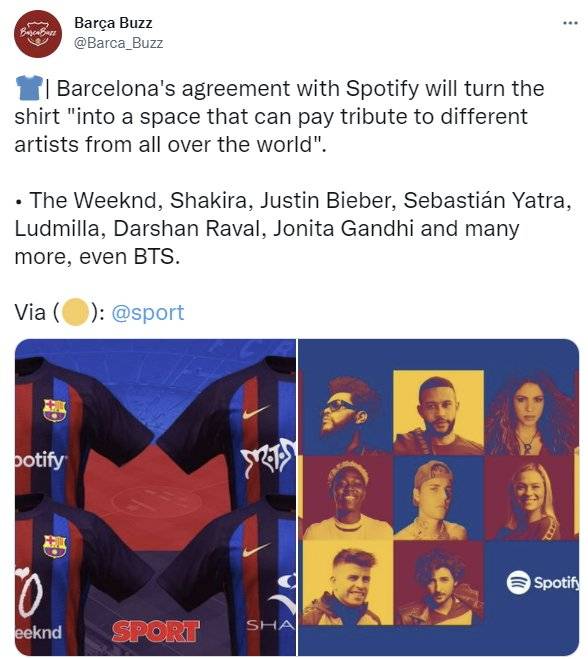스포르트는 바르셀로나와 스포티파이 계약을 통해 유니폼에 월드클래스 아티스트들의 이름이 새겨질 가능성을 제기하며 BTS를 언급했다. [사진 바르샤 버즈 트위터]