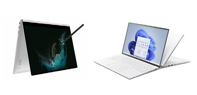삼성 갤럭시북2 프로 360(왼쪽)과 LG 그램16. [사진 제공 = 각 사]