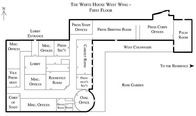 대통령 집무실이 있는 웨스트윙 1층 구조 대통령 집무실이 있는 오벌 오피스 주변에 주요 참모들의 사무실이 밀집해 있다. 이 건물 끝부분엔 브리핑실과 기자단 사무실이 있다. [출처 위키피디아. 재판매 및 DB 금지]