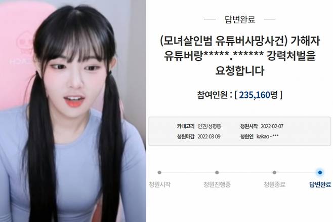 BJ잼미, 잼미 사망 관련 가해자들의 엄벌을 촉구하는 청와대 국민청원 / 사진=잼미 유튜브, 청와대 국민청원 홈페이지 캡처