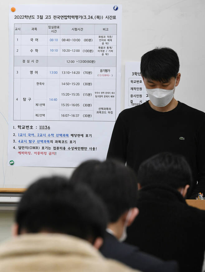 2022 전국연합 학력평가가 실시된 24일 서울 용산고등학교 3학년 교실에 시험 시간표가 붙어 있다. 점심시간 밀집도 완화를 위해 점심시간을 기존 50분에서 10분 연장된 1시간으로 늘어났다. 사진공동취재단