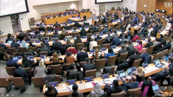 유엔총회 산하 제3위원회 회의에서 북한인권결의안이 통과되는 모습. 한국은 2019년부터 '한반도 상황'을 이유로 북한인권결의안 공동제안국에 불참하며 '인권 외면국'이란 평가를 받았다. [유엔 웹TV 캡처]