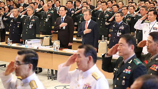 2018년 7월 전군주요지휘관회의. 이들 중 여러명이 문재인 정부에서 진급하고, 전역 후 문재인 정부에 반기를 들었다.