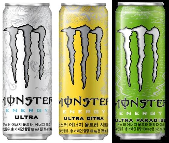 에너지음료 '몬스터에너지'의 저칼로리 제품군인 '몬스터에너지 울트라' 시리즈. [사진 LG생활건강]