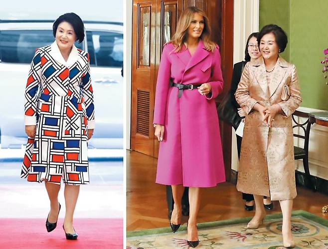 대통령 부인 김정숙 여사가 입은 고가 의상이 문재인 대통령 임기 동안 논란이 됐다. (왼쪽부터)김 여사가 2019년 아세안 3개국 초청 행사에 참석하는 모습. 같은해 도널드 트럼프 미 대통령 부인 멜라니아 여사와 백악관을 걷는 모습. /뉴시스·연합뉴스