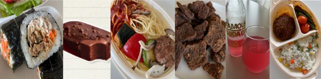 (왼쪽부터)비건 참치마요 김밥, 나뚜루 비건 아이스크림, 대체육 스파게티, 비건 육포, 비건 음료 페이머스 소다, 비건 함박스테이크 도시락