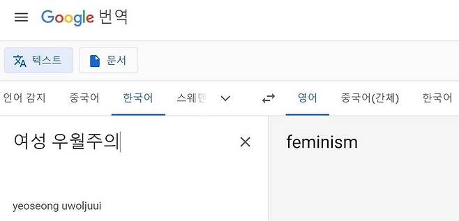 구글 번역은 한국어 ‘여성우월주의’를 ‘feminism’(여성주의)으로 번역했다. 사진 구글 번역 갈무리