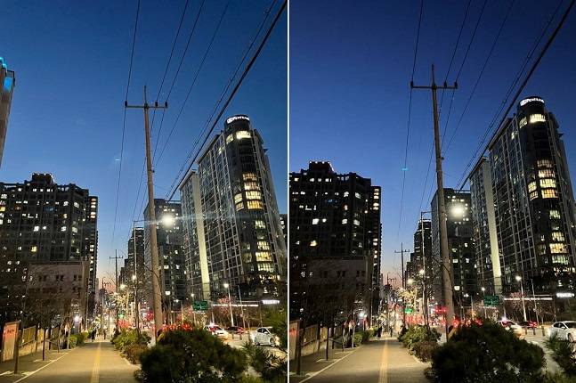 아이폰12프로(왼쪽)와 아이폰SE 3세대로 촬영한 사진. 오른쪽 사진이 빛번짐은 적지만 왼쪽 사진이 더 밝고 건물의 디테일을 잘 살렸다. / 사진=백유진 기자 byj@