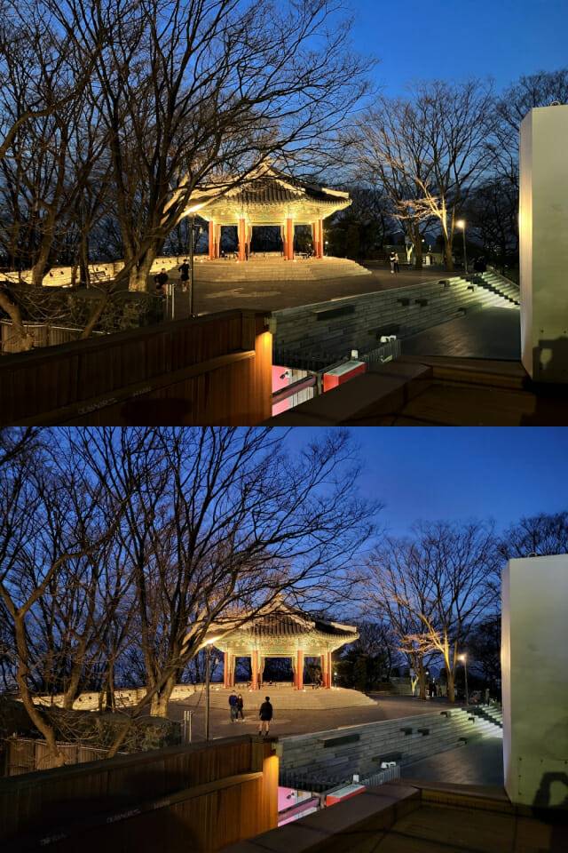 야간촬영 사진 비교. 아이폰SE 3세대(위), 갤럭시Z플립3(아래)(사진=지디넷코리아)