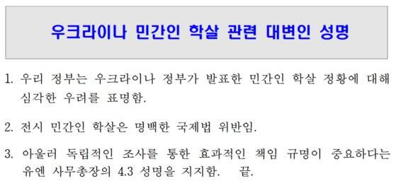 5일(현지시간) 발표된 우크라이나 민간인 학살 관련 외교부 대변인 성명. 외교부.