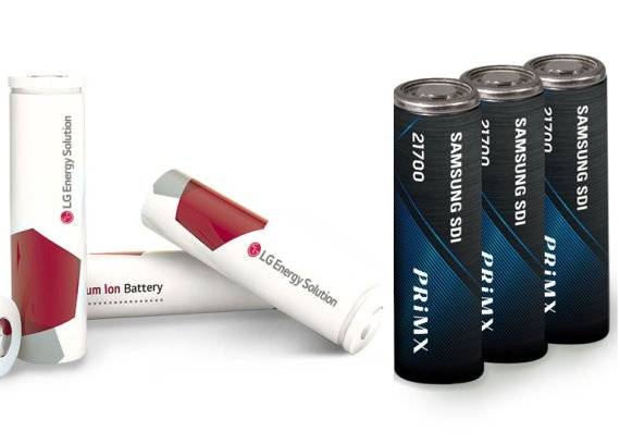LG에너지솔루션(왼쪽)과 삼성SDI의 원통형 전지. 각 사 제공