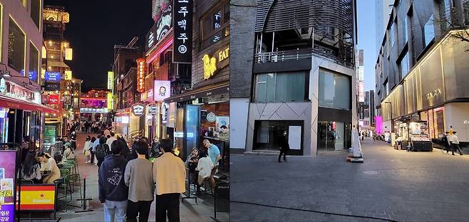 지난 10일 저녁 이태원(왼쪽)과 지난 8일 저녁 명동(오른쪽) 거리. /김윤수 기자