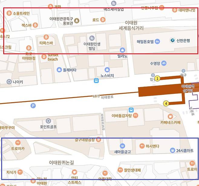 이태원 지도. 세부적으로 빨간 영역은 세계음식거리, 파란 영역은 이태원퀴논길 상권을 형성한다. /네이버지도 캡처