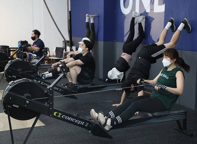 지난 2일 경기도 수원 어라운드 크로스핏 광교점에서 회원들이 로잉머신을 하거나 거꾸로 물구나기를 서는 등 운동을 하고 있다. /장련성 기자