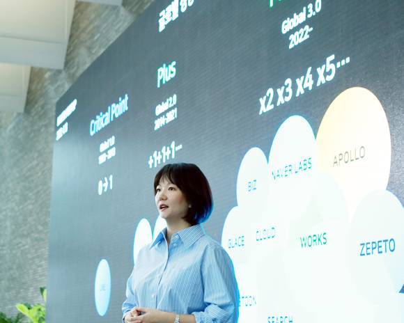 최수연 네이버 대표가 13일 네이버에서 열린 기자간담회에서 발표를 하고 있다. [사진=네이버]