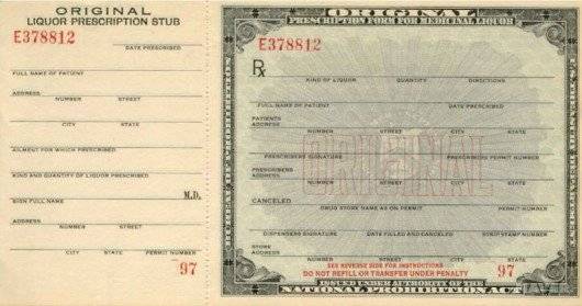 약용 알코올 사용 허가증. '금주법' 시대에 알코올을 약용으로 쓰려면 허가를 받아야 했다. 사진 네이버 지식백과