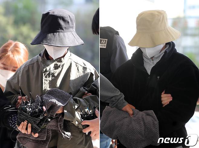 8억대 사망보험금을 노리고 남편을 숨지게 한 혐의로 공개수배된 이은해(왼쪽)와 내연남 조현수가 16일 오후 경기 고양시 덕양구의 오피스텔에서 검거, 고양경찰서로 인치되고 있다. 2022.4.16/뉴스1 © News1 황기선 기자