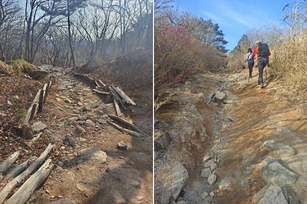 부산 금정산 등산로가 몇 년 전 내린 폭우로 훼손된 채 방치돼 있다. 사진은 금정산 등산로 119 구조번호 1-13~1-14 구간.