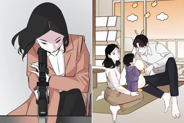 웹툰 ‘유부녀 킬러’의 장면들. 주인공 유보나는 회사에선 범죄자들을 처단하는 킬러로, 집에선 엄마와 아내로서 역할에 충실하며 살아간다. 카카오엔터테인먼트 제공