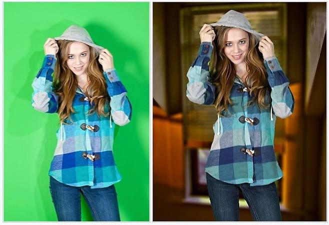 방송에 주로 쓰이는 크로마키. 푸른색이나 녹색 스크린 앞에서 먼저 동작을 촬영한 뒤(왼쪽) 그 배경색 부분에 뉴스 관련된 동영상을 합성한다(오른쪽)./위키피디아