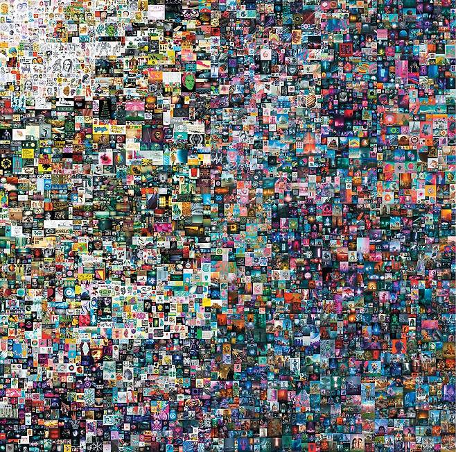 881억원, 가장 비싼 NFT - 지난해 3월 경매에서 6934만달러(약 881억원)에 낙찰된 디지털 아트 NFT(대체 불가능 토큰) '매일: 첫 5000일(Everydays: The First 5000 Days)'. 지금까지 판매된 NFT 중 최고가로, 미국의 그래픽 디자이너 마이크 윈켈만이 5000일간 매일 하나씩 만든 작품들을 합쳐 만들었다. /크리스티 온라인