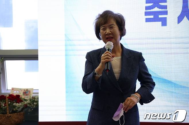 손혜원 전 의원이 30일 열린 박홍률 전 목포시장 선거사무소 개소식에 참석해 인사말을 하고 있다.© 뉴스1