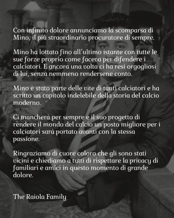 미노 라이올라가 세상을 떠났음을 알리는 유족들의 글. 사진｜미노 라이올라 SNS