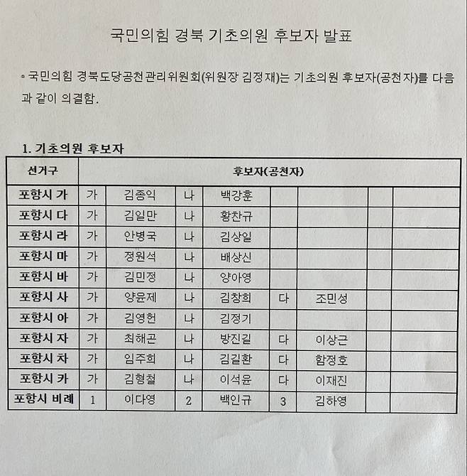 국힘 포항시의원 공천 현황. 국민의힘 경북도당 공천관리위원회 제공