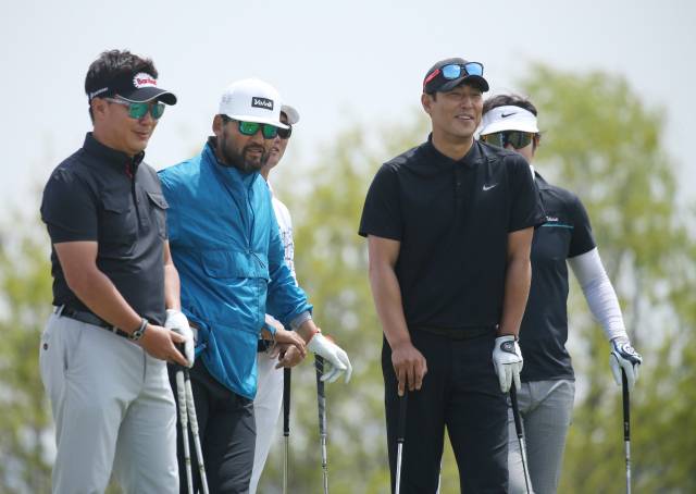 2019년 셀러브리티 프로암 당시 남영우(왼쪽부터), 박찬호, 김성수. 사진 제공=KPGA