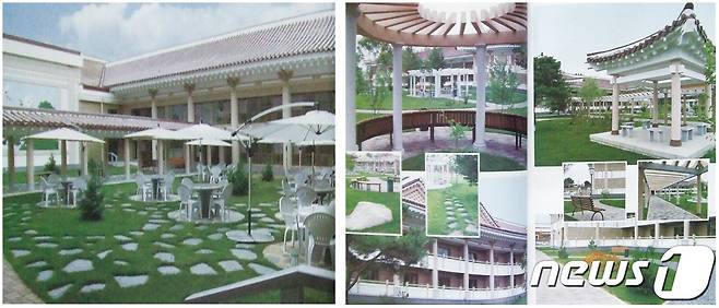 2016년 「조선건축」에 소개된 평양양로원 정원 사진. 평양양로원의 정원은 전통건축 양식의 건물들과 푸른 잔디를 배경으로 한식 정자와 원형 파고라(pergola), 백색 파라솔, 현대식 휴게 의자들이 어우러져 이색 경관을 보여준다. (출처=조선건축(2016) 제1호) © 뉴스1