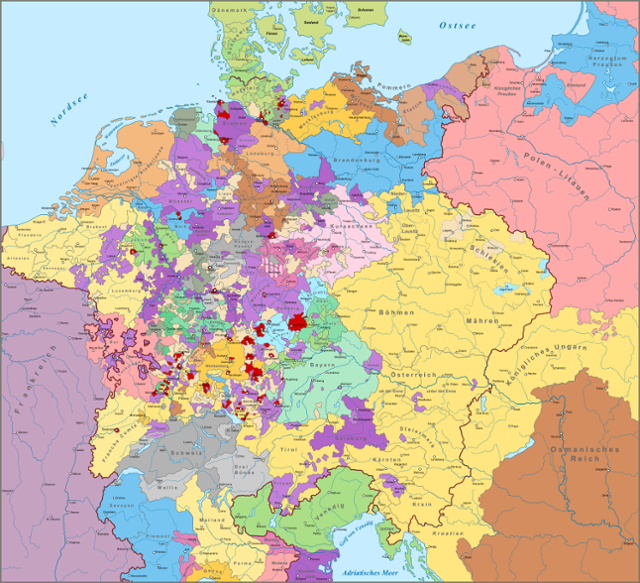 1618년 신성로마제국 지도. 현재의 독일어권 지역인 신성로마제국에 300여 개가 넘는 나라가 있다. 독일어권에 백마 타고 떠돌아 다니는 왕자가 많은 이유를 짐작할 수 있다. 위키피디아 캡처