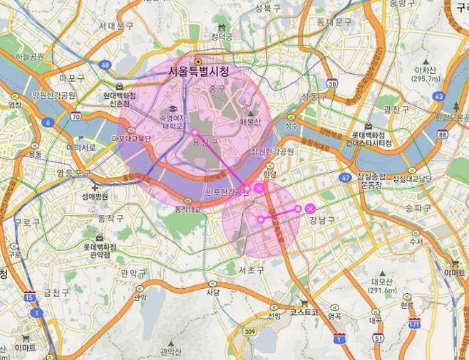 국토교통부가 신규 발령한 NOTAM에 따라 5월 9일 오후 3시부터 적용되는 비행금지구역을 취재진이 민간 지도에 그려 본 결과. 전쟁기념관 반경 2해리, 아크로비스타 반경 1해리에 비행금지구역이 설정됐다. 다음 지도 캡처