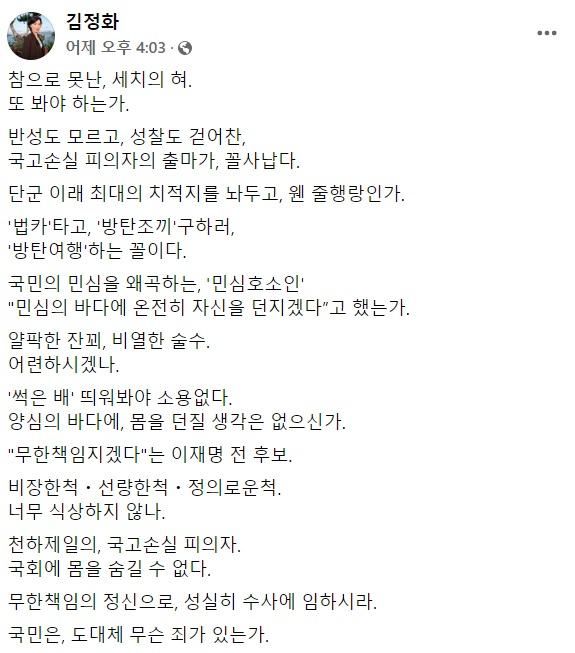 김정화 대통령직인수위원회 상임 자문위원 페이스북 일부 캡처