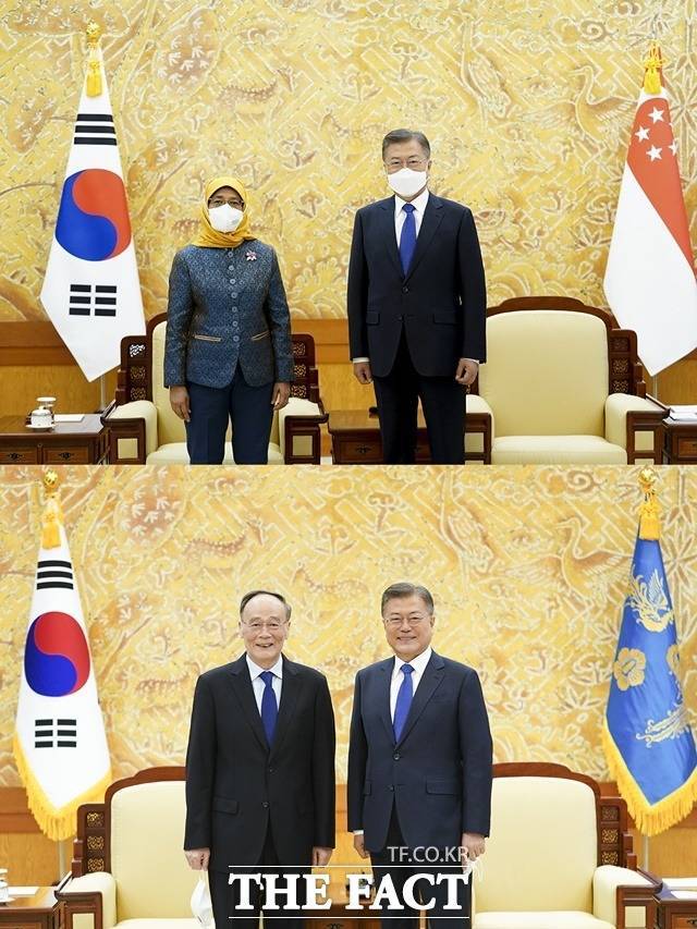 문재인 대통령은 9일 오후 청와대 본관 접견실에서 할리마 야콥 싱가포르 대통령(위), 왕치산 중국 국가부주석을 차례로 면담했다. /청와대 제공