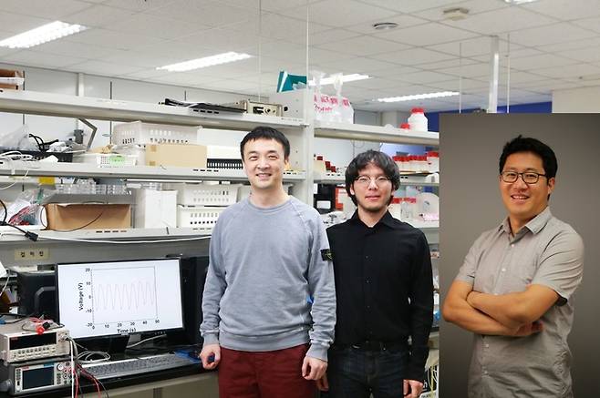 (왼쪽에서 오른쪽 방향)DGIST 화학물리학과 이성원 교수, 배지훈 석박사통합과정생, 로봇및기계전자공학과 장경인 교수 *재판매 및 DB 금지