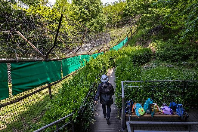 서울 용산구 매봉산 자락의 공원 숲길과 대통령 관저 사이의 거리는 50m에 불과하다. ⓒ시사IN 조남진