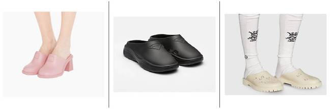 ▲왼쪽부터 미우미우 로고가 있는 러버 사보(84만원), 프라다 폼 러버 뮬(78만원), 구찌 화이트GG 러버 남성 슬립온 샌들(61만원). (사진=각 브랜드 공식 홈페이지 캡처)