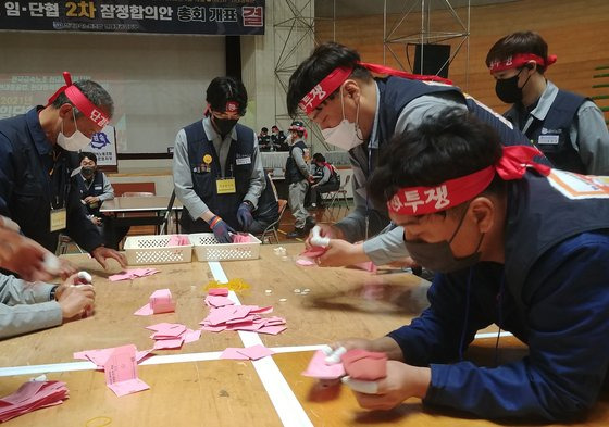 현대중공업 노조 조합원들이 12일 현대중공업 울산 본사에서 2021년 임금협상 2차 잠정 합의안에 대한 찬반투표를 마치고 개표를 하고 있다. 현대중공업노조 제공