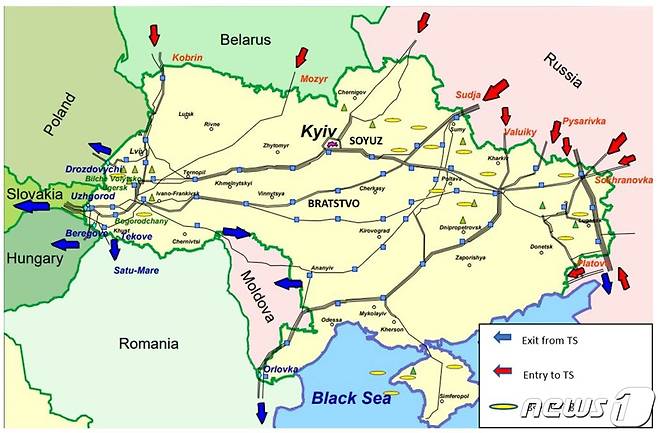유럽으로 향하는 러시아 천연가스 운송로의 가장 중요한 경유지는 우크라이나다. 사진은 우크라이나에서 운영 중인 러시아 천연가스 경유 파이프라인들. 라이브유맵(Liveuamap) 트위터 게시물 갈무리. © News1 최서윤 기자
