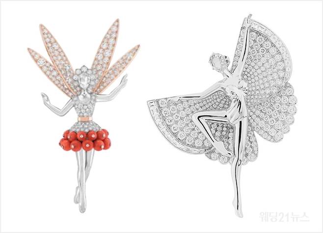 사진 : 반클리프 아펠(Van Cleef & Arpels), (좌) 페 뒤 소르비에(Fee du Sorbier) 클립. 화이트 골드, 로즈 골드, 코럴, 다이아몬드 (우) 프레셔스 버터플라이 발레리나(Precious butterfly ballerina) 클립. 화이트 골드, 다이아몬드 (사진제공 : 반클리프 아펠)