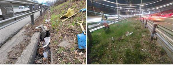 좌) 올림픽대로 강일방향 우측 녹지대에 각종 쓰레기가 무단투기 돼 있다.&nbsp;우)올림픽대로 한남∼동호대교 중앙녹지대에 버려진 쓰레기. 서울시설공단 제공