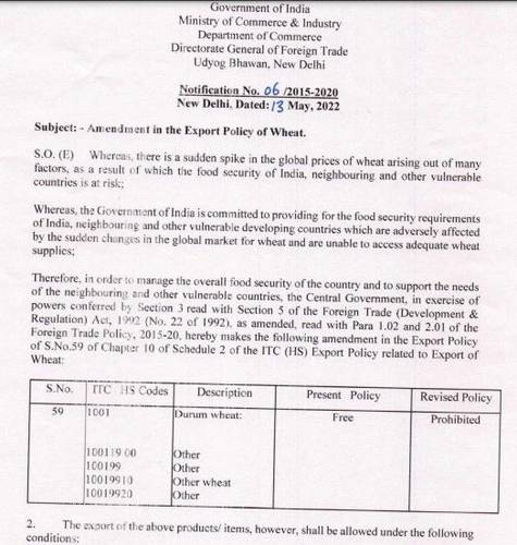 인도 대외무역총국이 14일 통지문을 내 밀 수출 금지 조치를 발표했다. 인도 대외무역총국(DGFT) 홈페이지 캡처