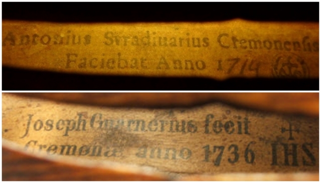 바이올린 제작자 라벨은 소리통 아랫판 안쪽에 쓰여 있는데, f자 울림구멍을 통해 볼 수 있다. 위 사진은 6월 9일 경매에 나오는 1714년산 스트라디바리우스 다 빈치·엑스 세이델의 라벨에 18세기 법령에 따라 라틴어로 쓰여진 제작자의 이름과 지명 그리고 제작년도가 적혀 있다. 아래 사진은 1736년산 주세페 과르네리 델 제수의 레이블에 십자가와 IHS 글자가 보인다.     타리시오-위키미디어